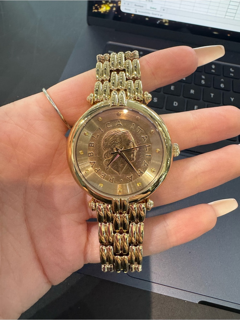 New Bellezza Gold-Tone Italian Lira Coin Analog Dial Dress Watch